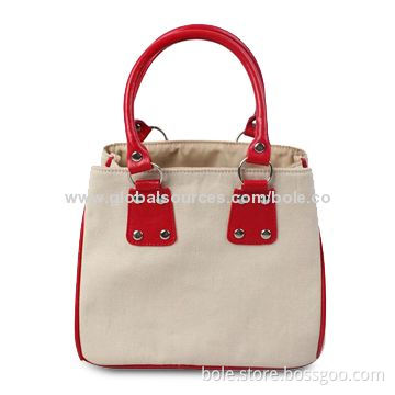 Canvas Handbag, Nicely Designed with Red PU Handle, Piping, OEM/ODM Orders Available